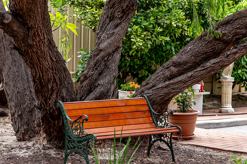 Outdoor bench seat under a tree at Waratah Community Village